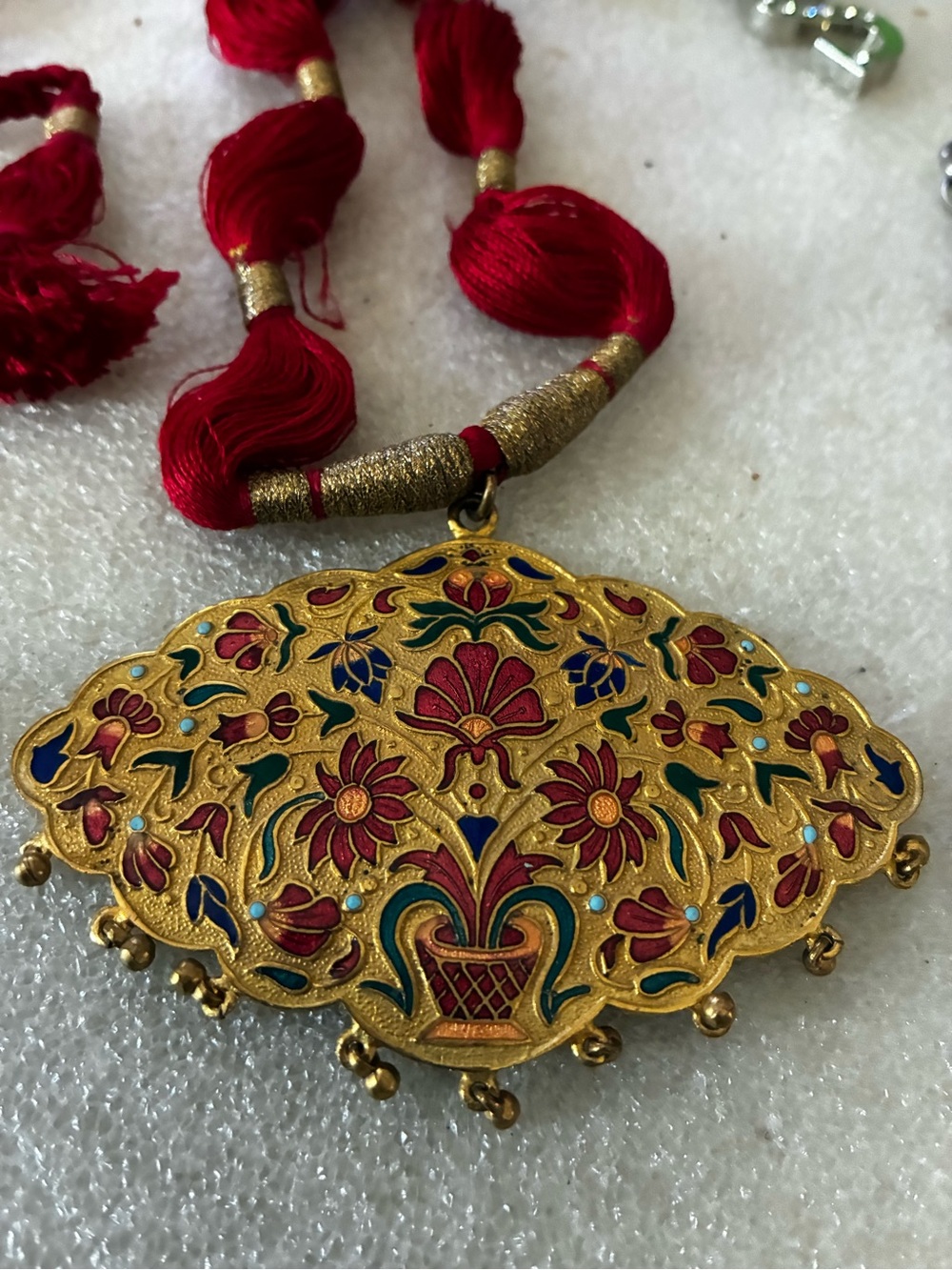 Gold-Tone Red Enamel Floral Pendant Necklace - Women Jewelry Asian